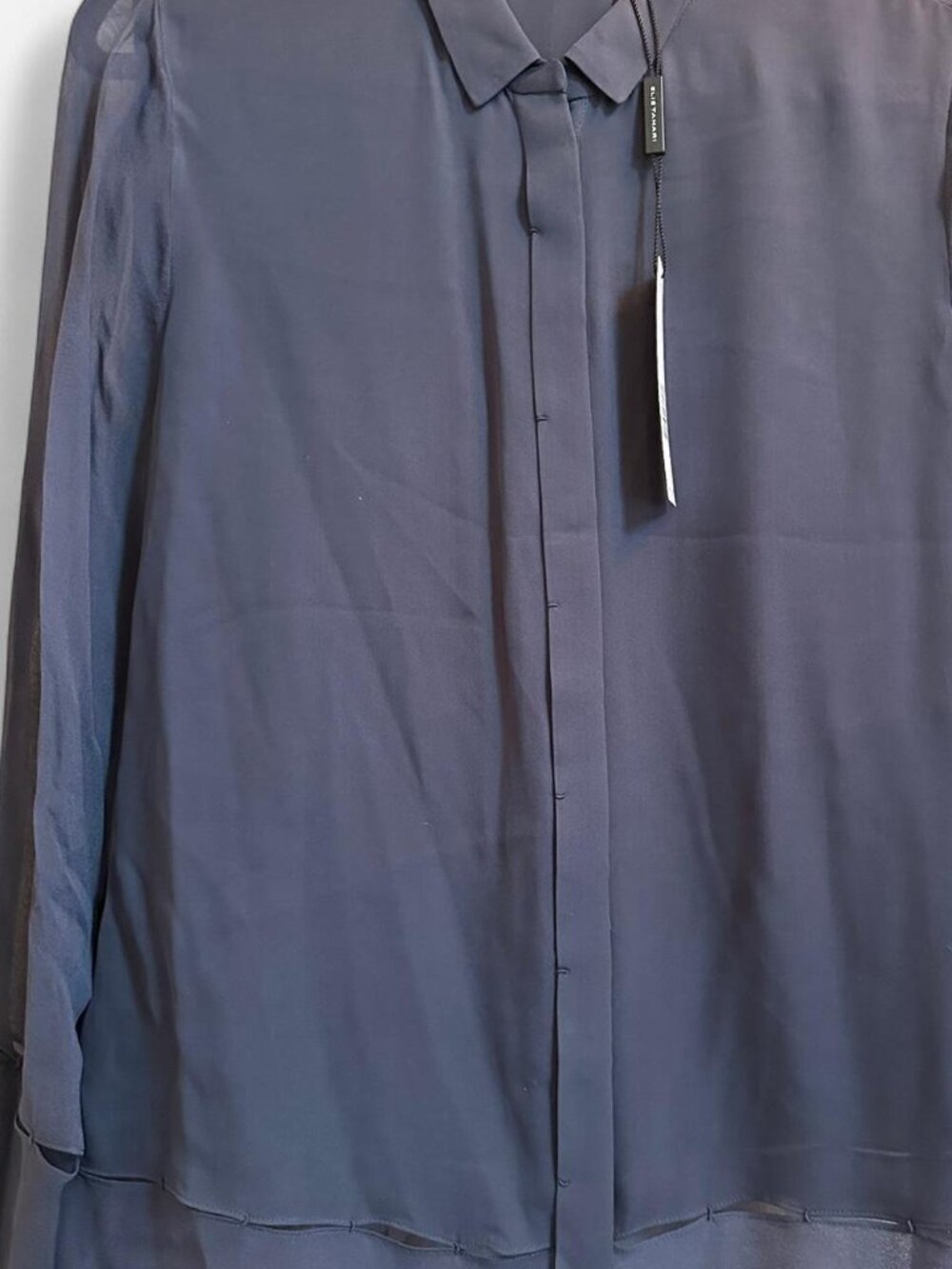 BRAND NEW w/ TAGS Elie Tahari blue sheer button up blouse with unique detailing